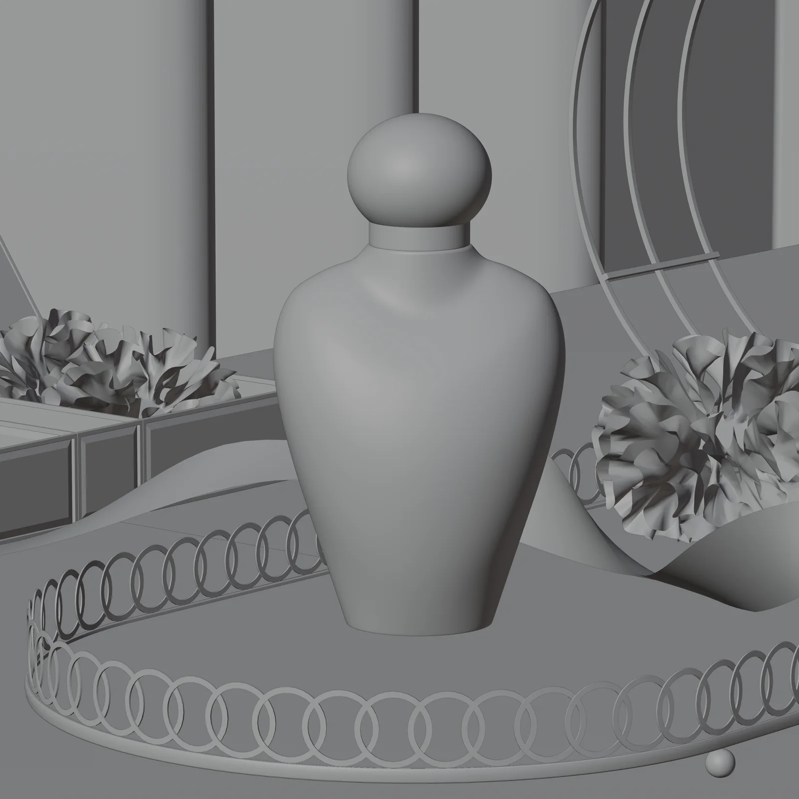 The same bottle modelled in 3D, in plain grey, on a tray with flowers and ribbon.